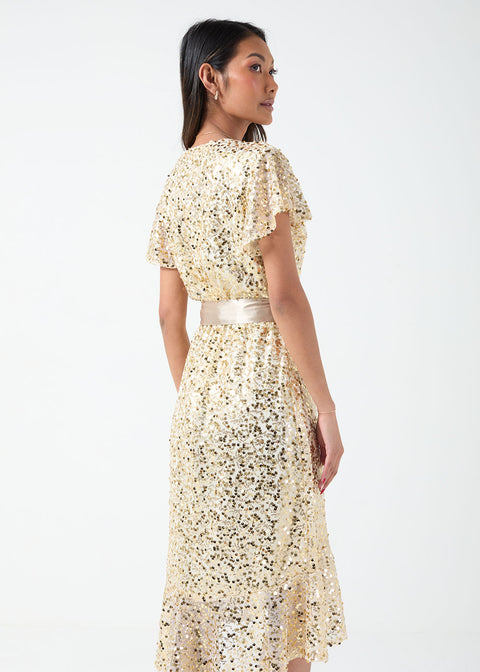 Marc Angelo Sequin Wrap Dress in gold