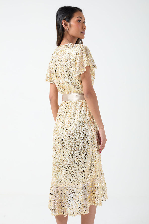 Marc Angelo Sequin Wrap Dress in gold