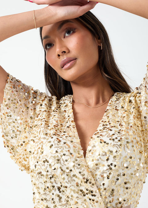 Marc Angelo Sequin Wrap Dress in gold