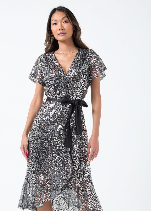 Marc Angelo Sequin Wrap Dress in black