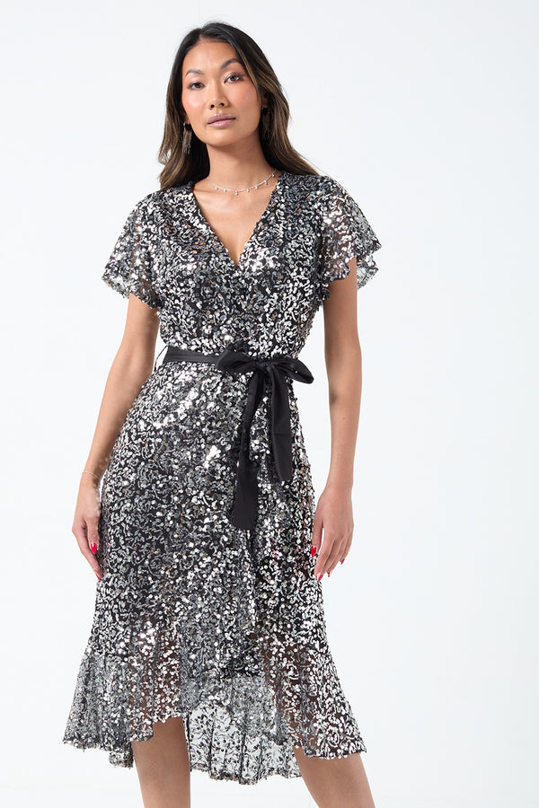 Marc Angelo Sequin Wrap Dress in black